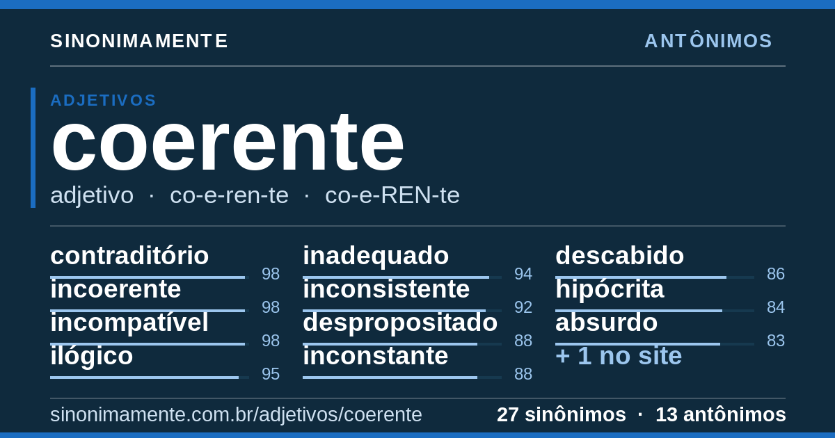 Antônimos de coerente: cartão do verbete com 27 sinônimos