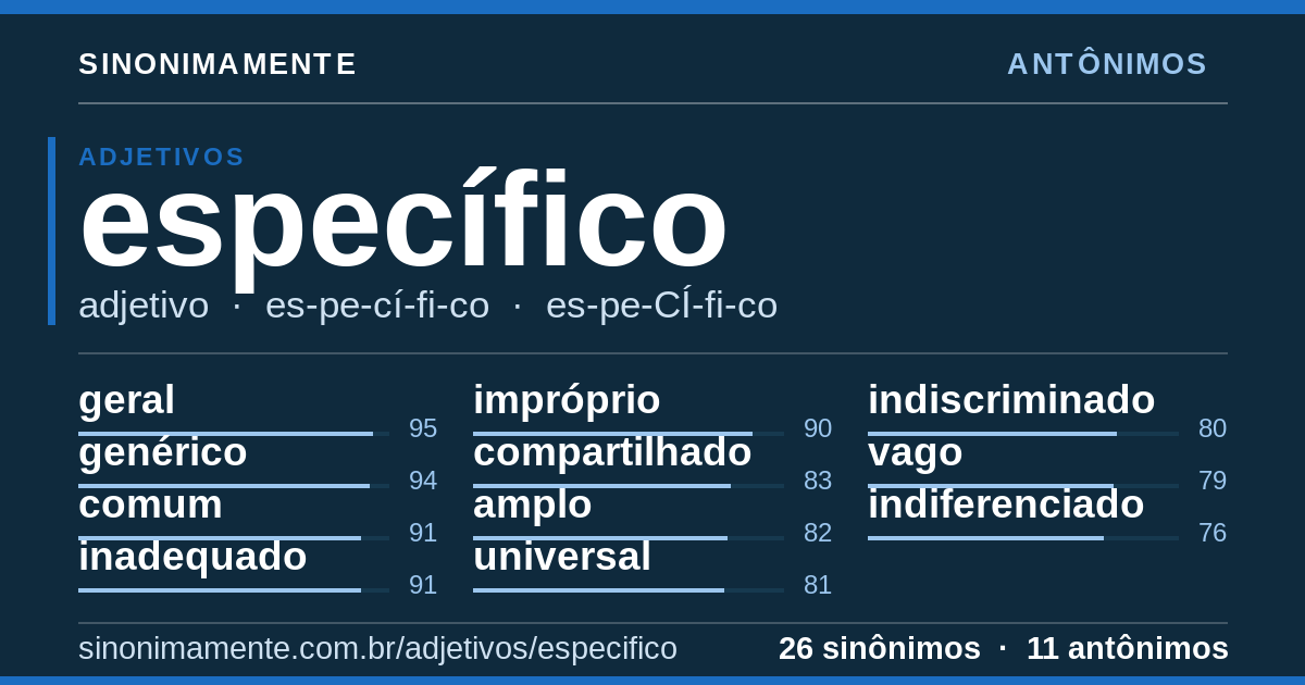 Antônimos de específico: cartão do verbete com 26 sinônimos