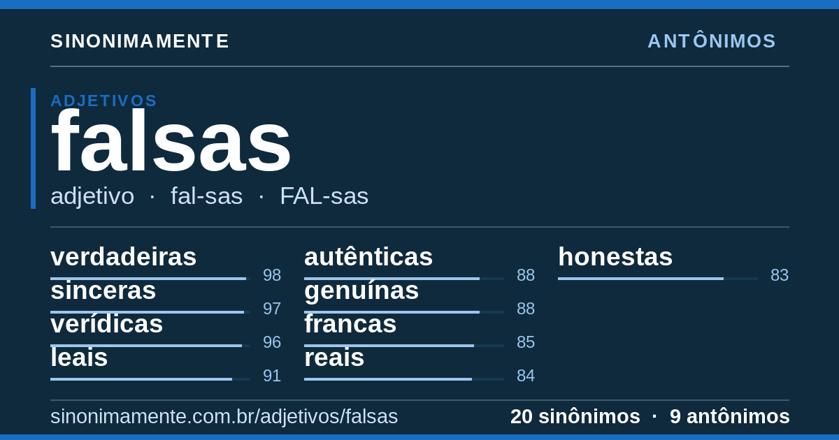 Antônimos de falsas: cartão do verbete com 20 sinônimos