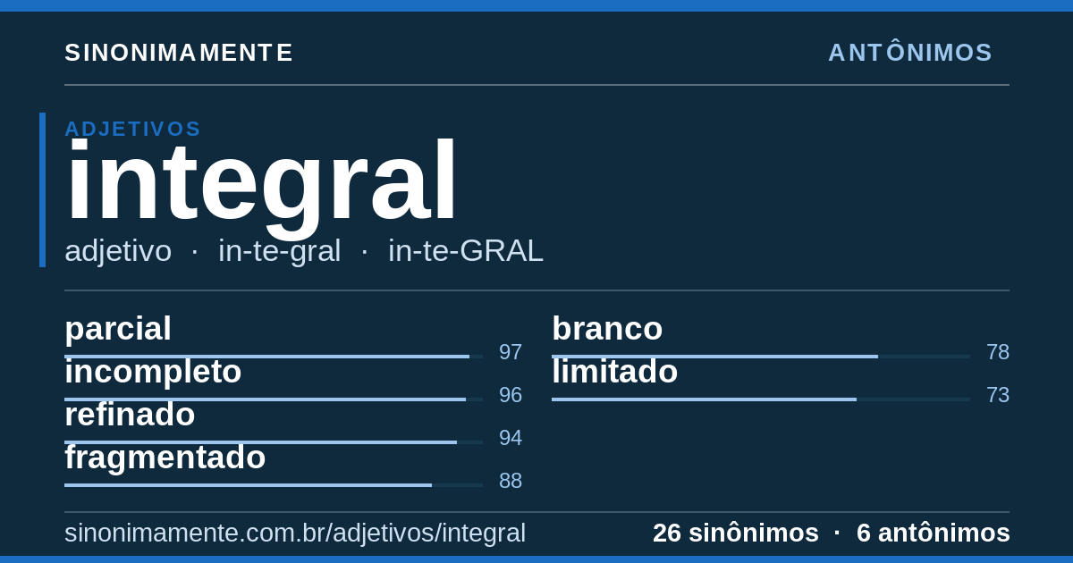 Antônimos de integral: cartão do verbete com 26 sinônimos