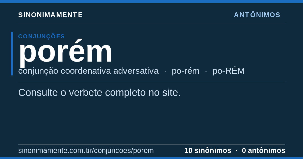 Antônimos de porém: cartão do verbete com 10 sinônimos