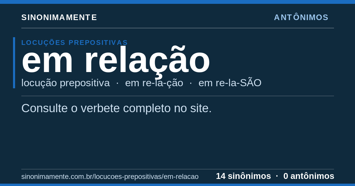 Antônimos de em relação: cartão do verbete com 14 sinônimos