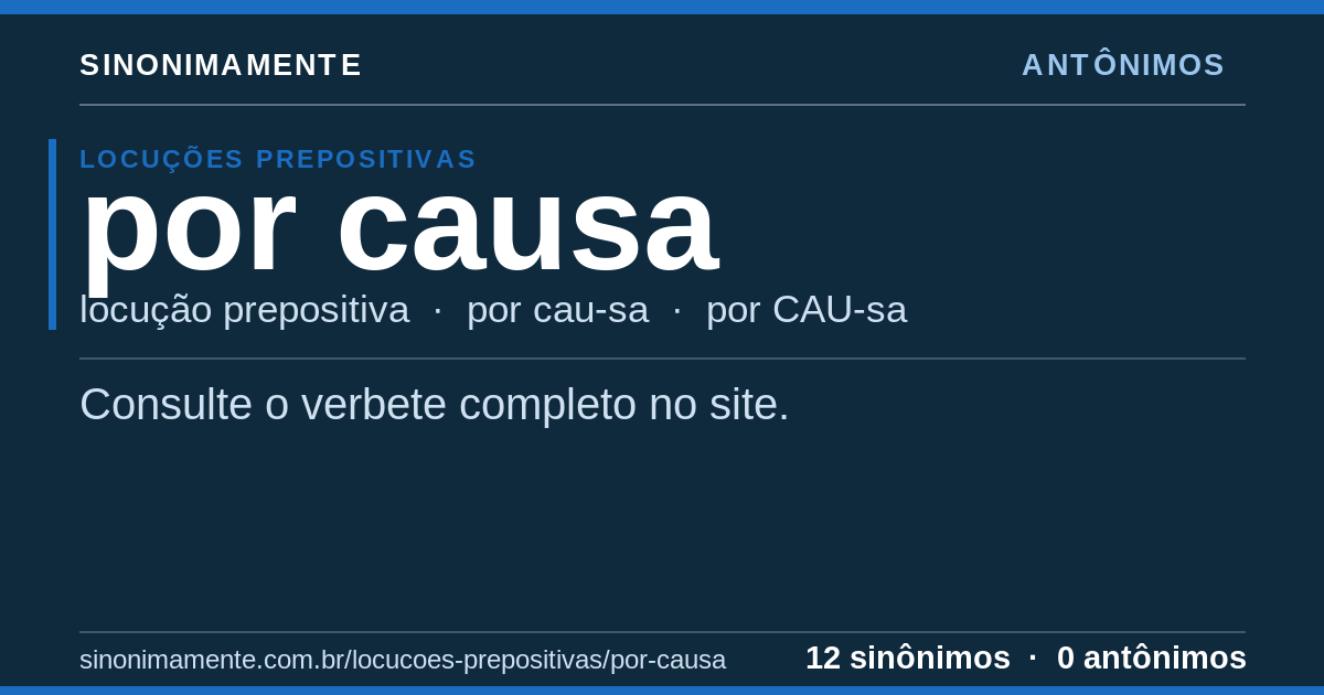 Antônimos de por causa: cartão do verbete com 12 sinônimos