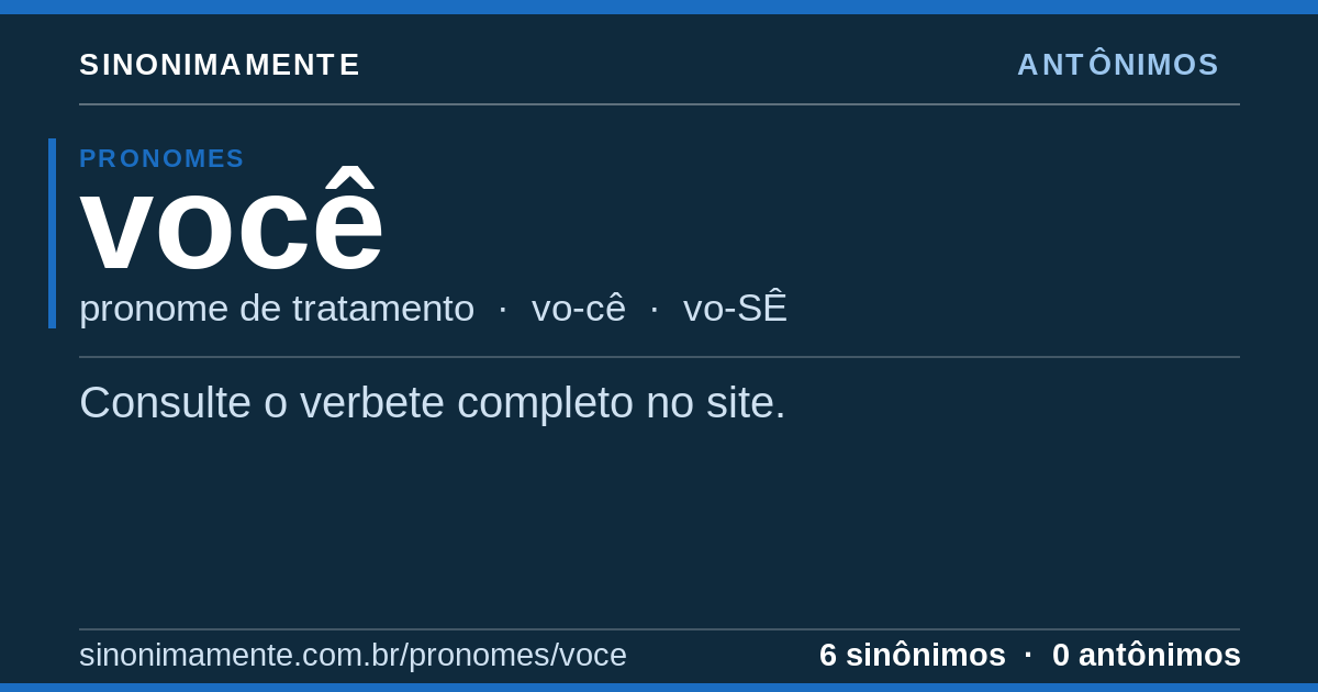 Antônimos de você: cartão do verbete com 6 sinônimos