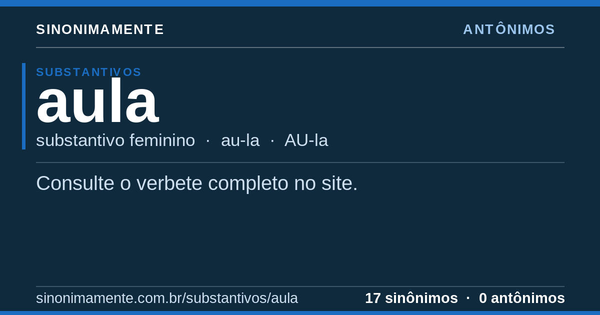 Antônimos de aula: cartão do verbete com 17 sinônimos