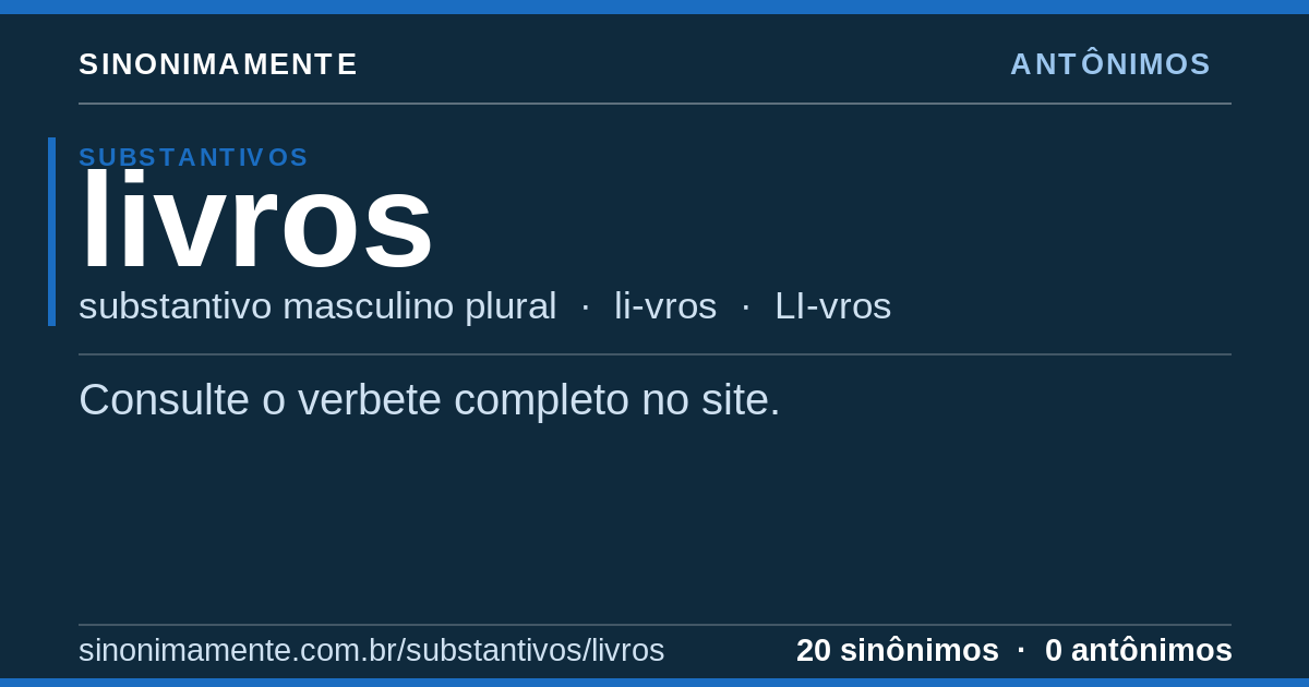 Antônimos de livros: cartão do verbete com 20 sinônimos