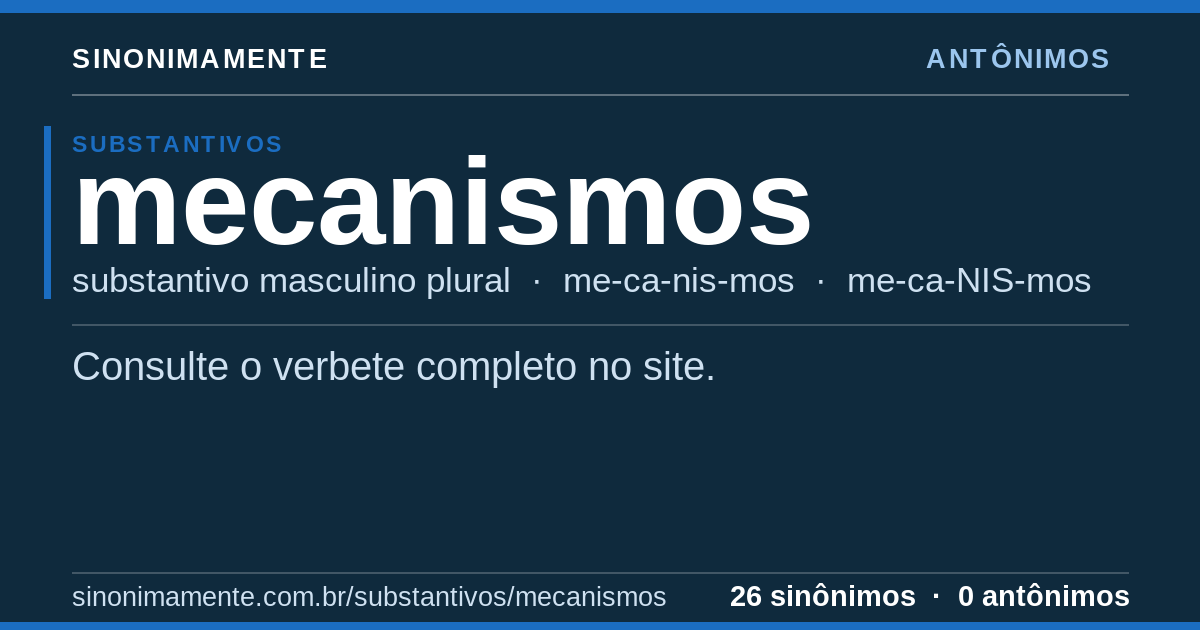 Antônimos de mecanismos: cartão do verbete com 26 sinônimos