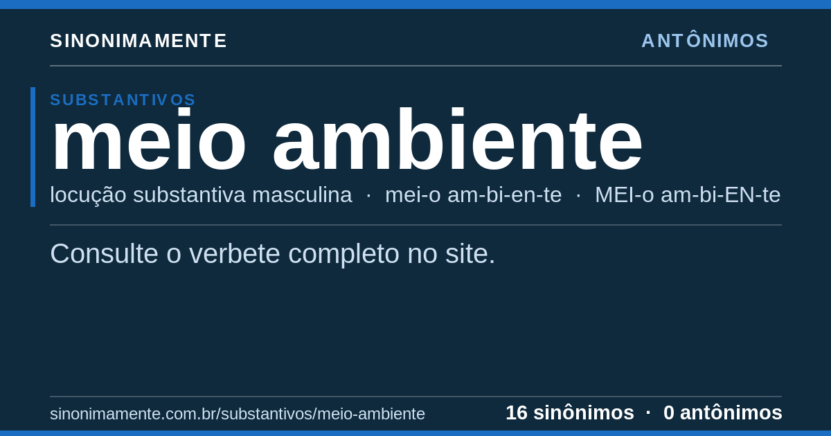 Antônimos de meio ambiente: cartão do verbete com 16 sinônimos