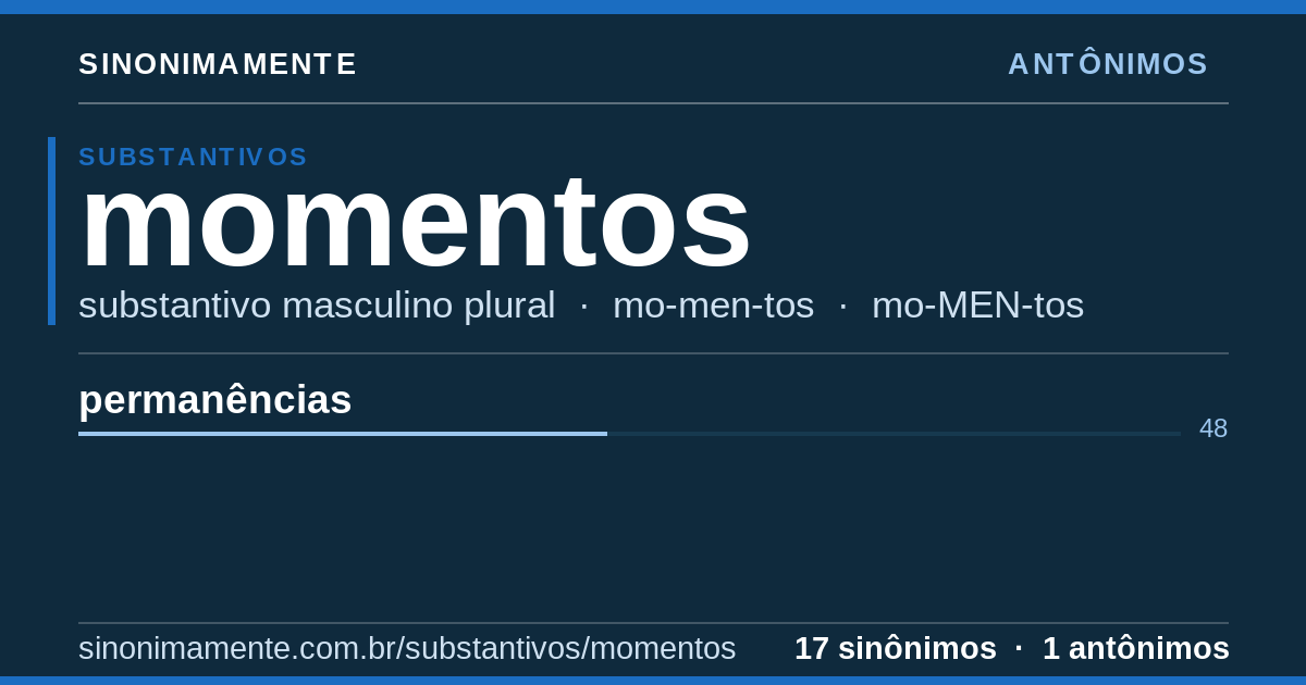 Antônimos de momentos: cartão do verbete com 17 sinônimos