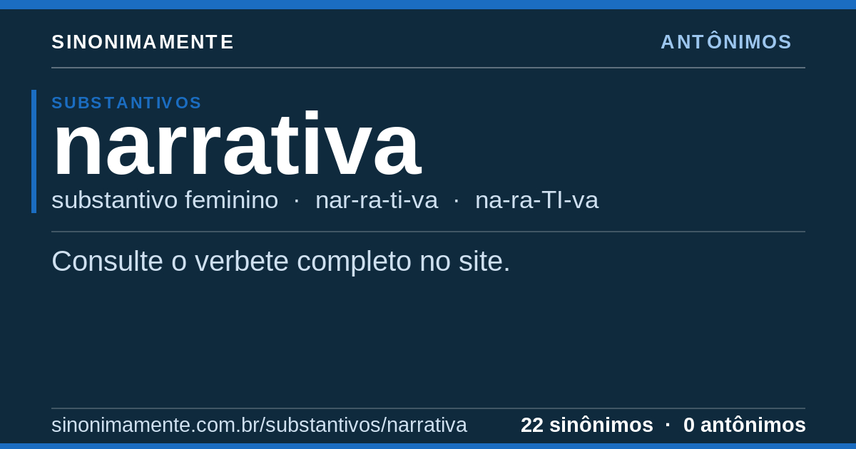 Antônimos de narrativa: cartão do verbete com 22 sinônimos