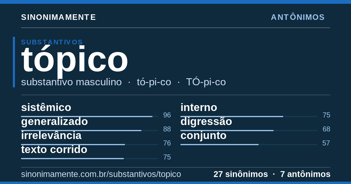 Antônimos de tópico: cartão do verbete com 27 sinônimos