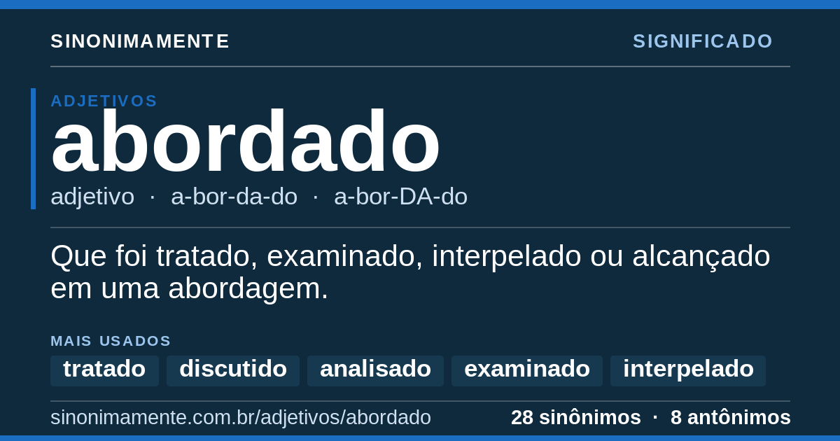 Significado de abordado: cartão do verbete com 28 sinônimos