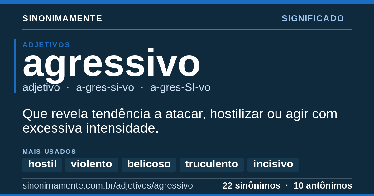 Significado de agressivo: cartão do verbete com 22 sinônimos
