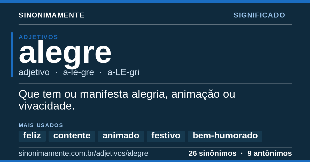 Significado de alegre: cartão do verbete com 26 sinônimos