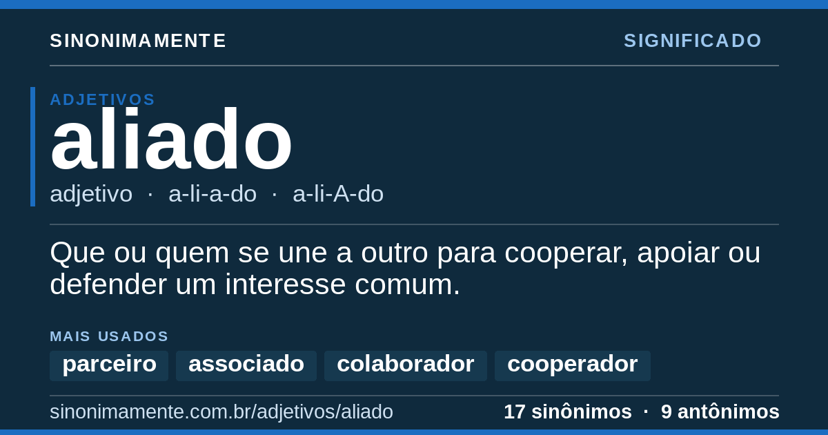Significado de aliado: cartão do verbete com 17 sinônimos