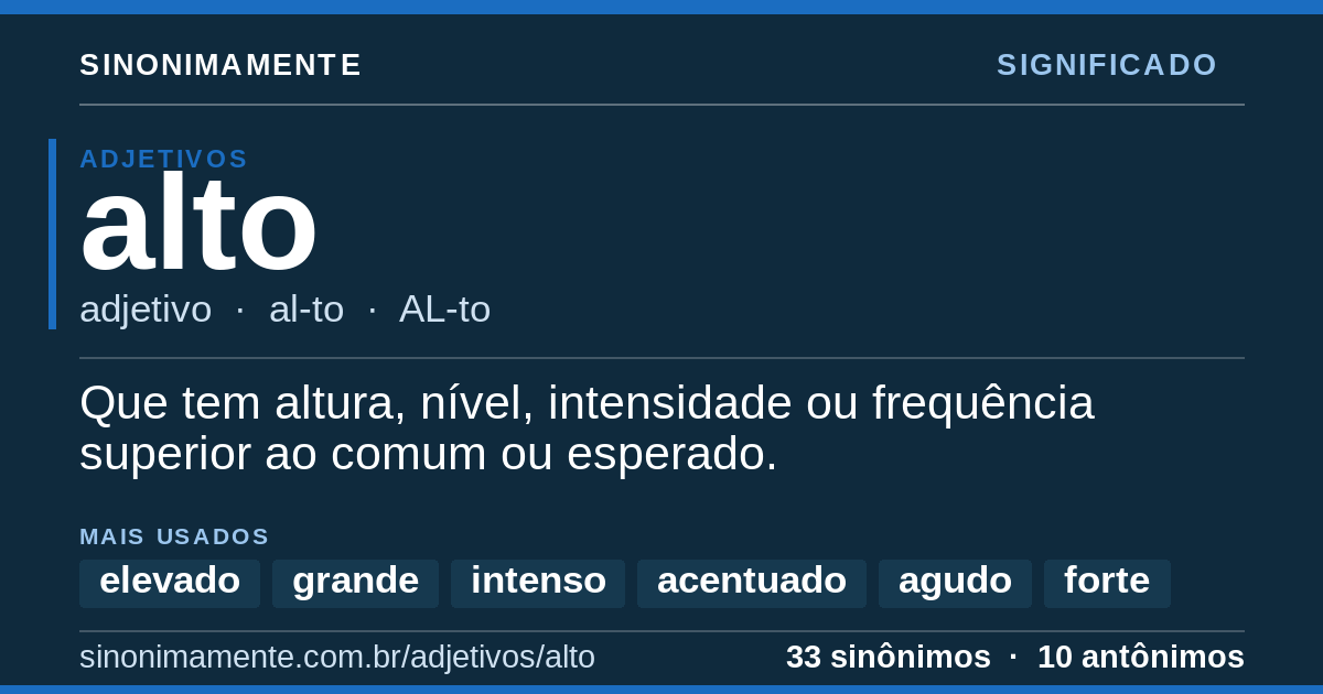 Significado de alto: cartão do verbete com 33 sinônimos