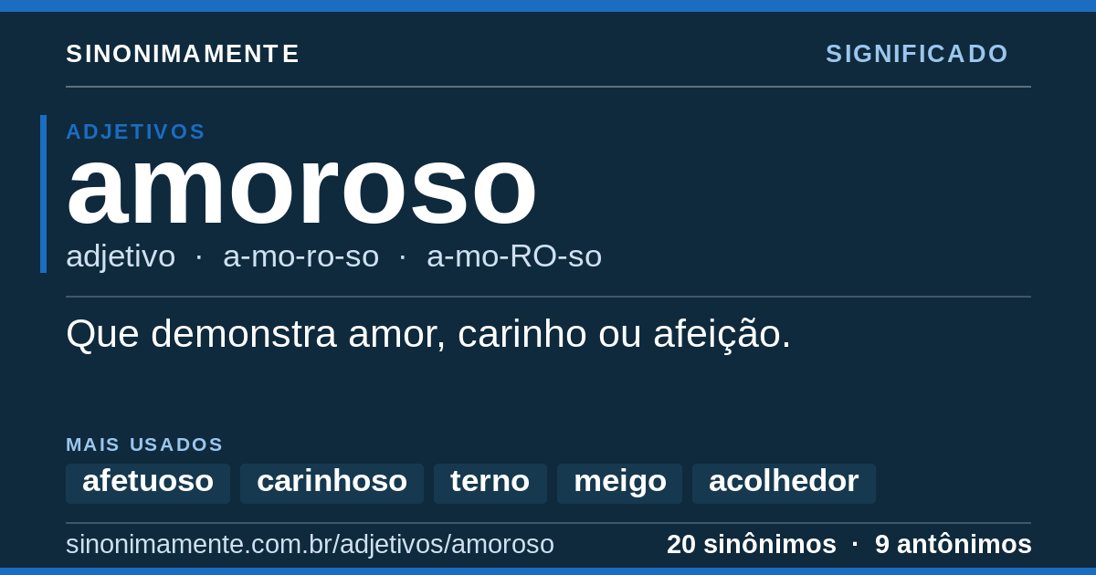 Significado de amoroso: cartão do verbete com 20 sinônimos