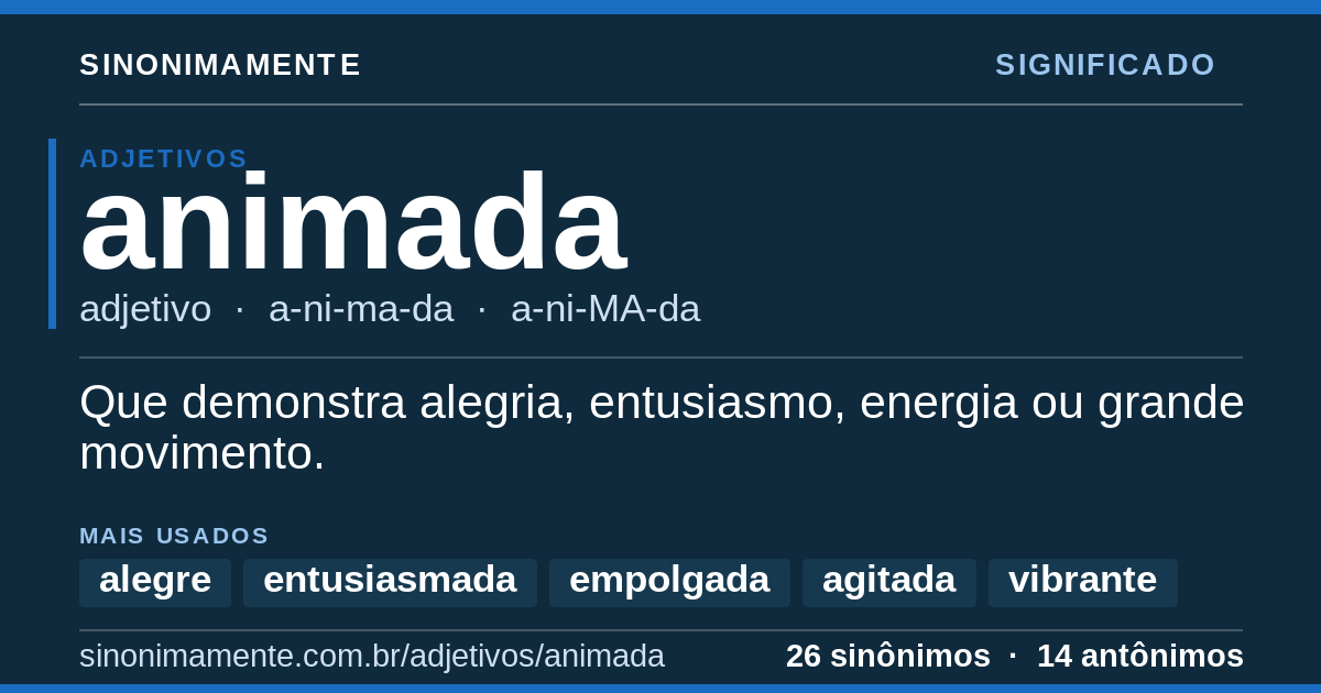 Significado de animada: cartão do verbete com 26 sinônimos