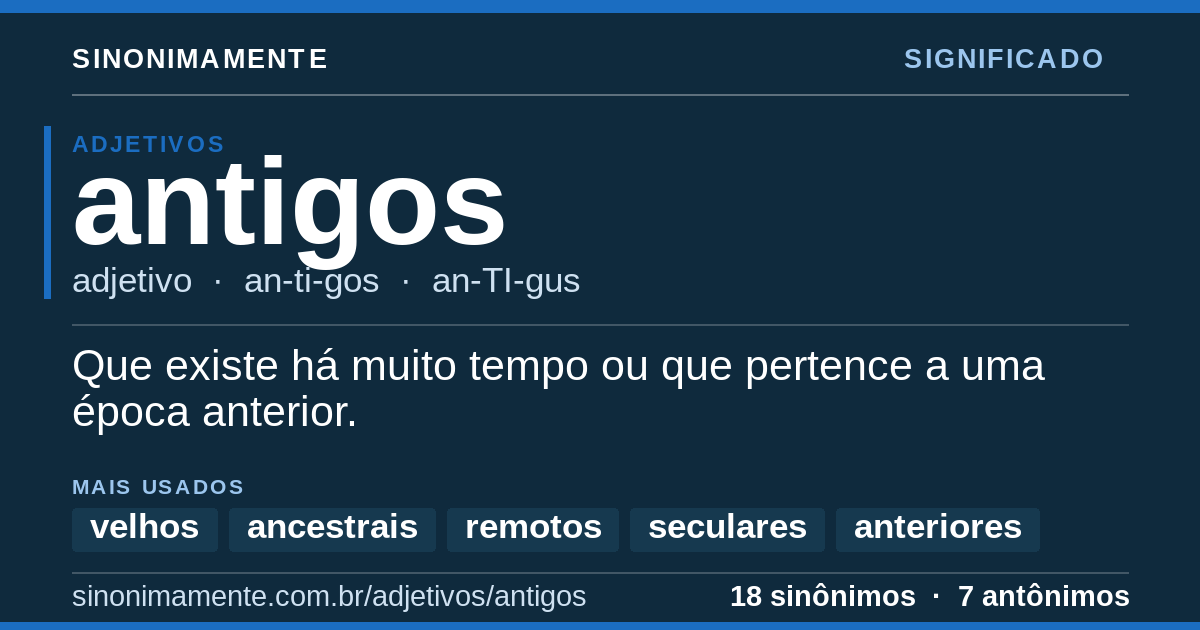 Significado de antigos: cartão do verbete com 18 sinônimos