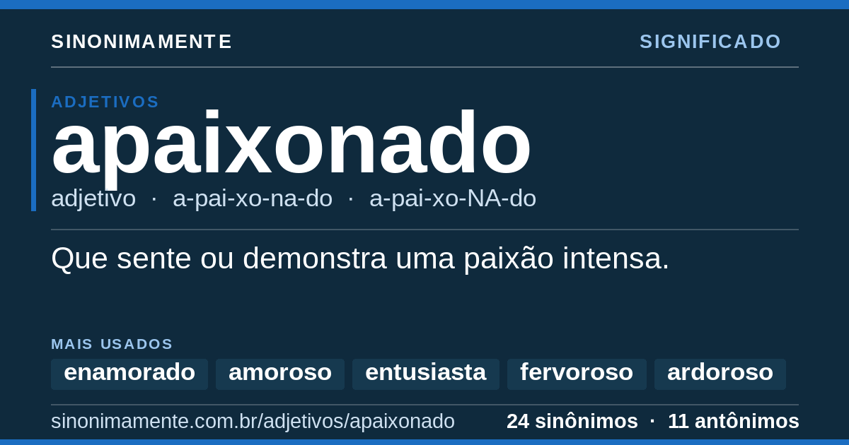Significado de apaixonado: cartão do verbete com 24 sinônimos
