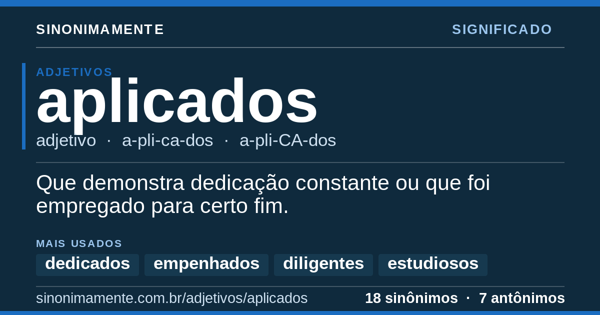 Significado de aplicados: cartão do verbete com 18 sinônimos