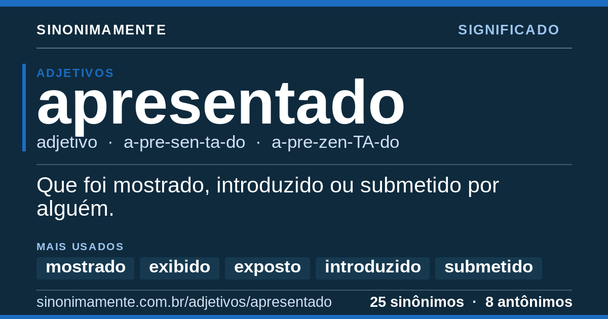 Significado de apresentado: cartão do verbete com 25 sinônimos