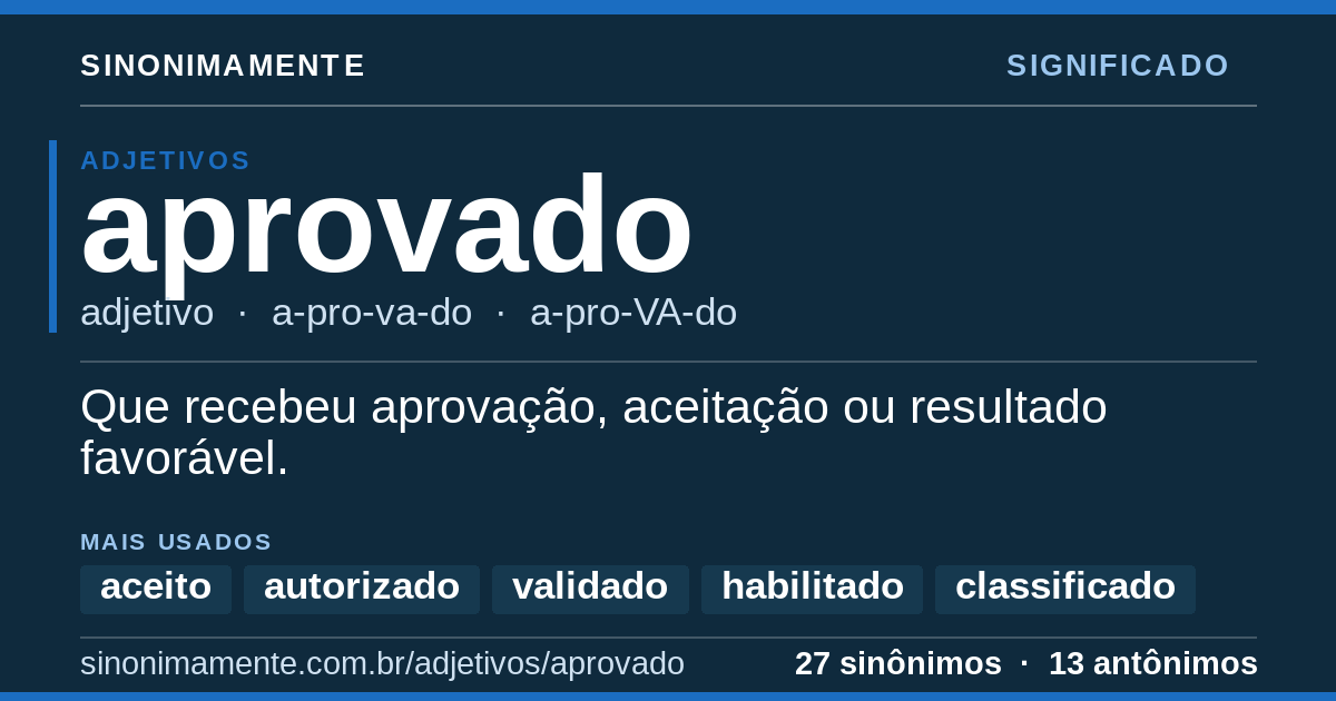 Significado de aprovado: cartão do verbete com 27 sinônimos