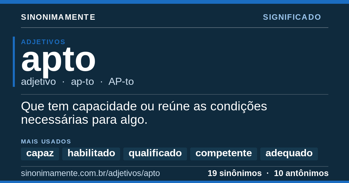 Significado de apto: cartão do verbete com 19 sinônimos