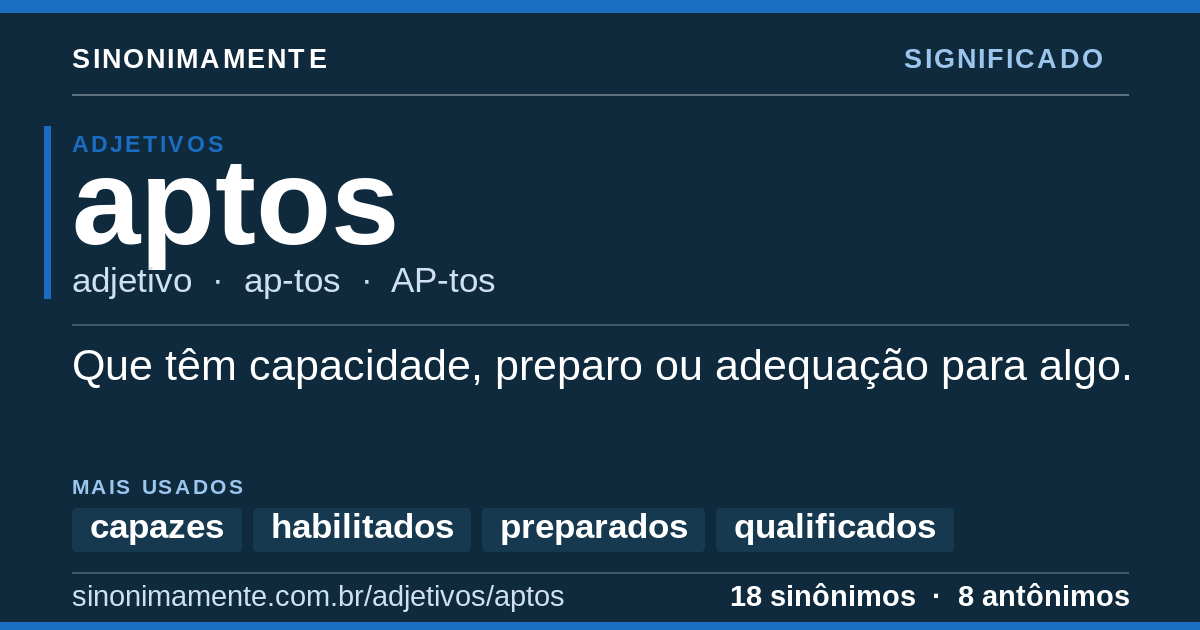 Significado de aptos: cartão do verbete com 18 sinônimos