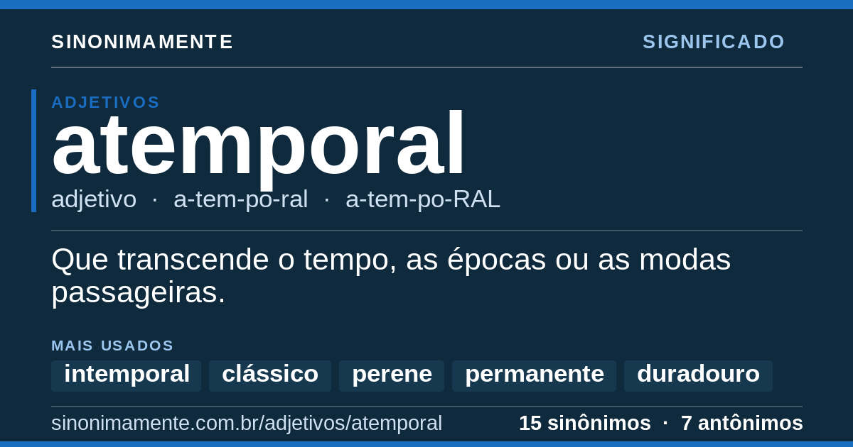 Significado de atemporal: cartão do verbete com 15 sinônimos