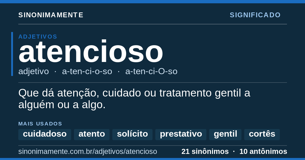 Significado de atencioso: cartão do verbete com 21 sinônimos