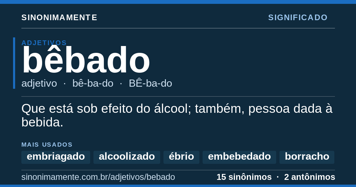 Significado de bêbado: cartão do verbete com 15 sinônimos