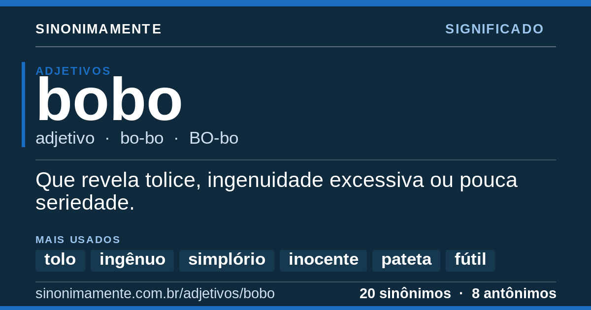 Significado de bobo: cartão do verbete com 20 sinônimos