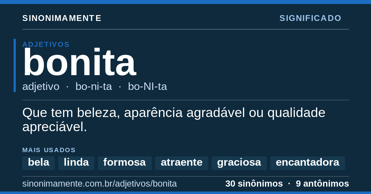 Significado de bonita: cartão do verbete com 30 sinônimos