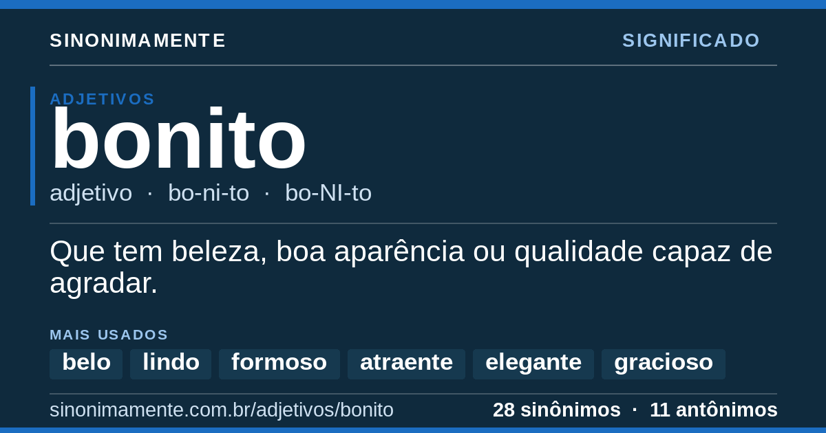 Significado de bonito: cartão do verbete com 28 sinônimos