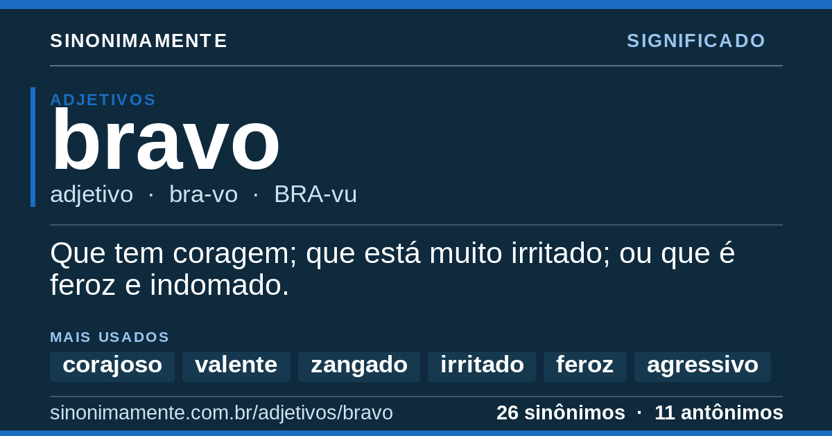 Significado de bravo: cartão do verbete com 26 sinônimos