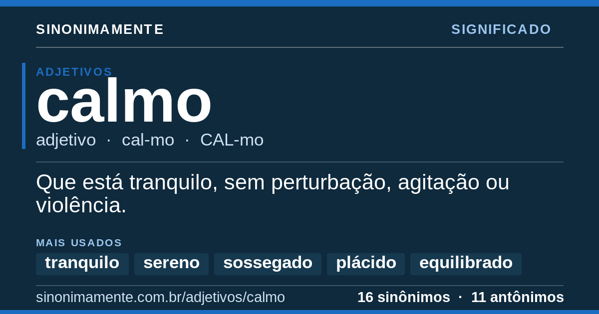 Significado de calmo: cartão do verbete com 16 sinônimos