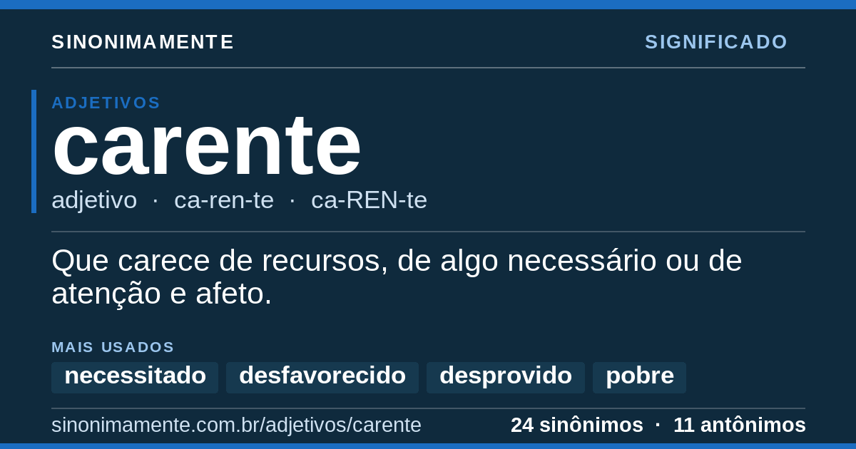 Significado de carente: cartão do verbete com 24 sinônimos