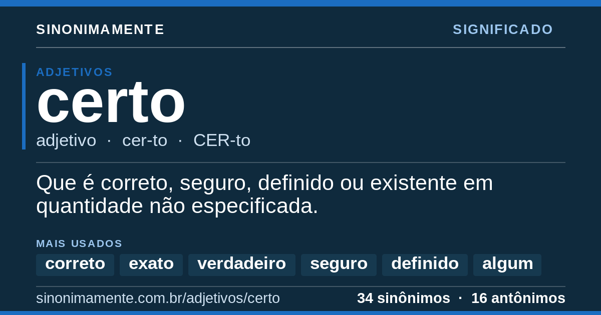 Significado de certo: cartão do verbete com 34 sinônimos