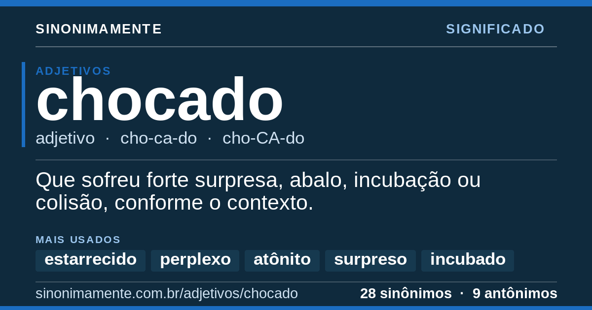 Significado de chocado: cartão do verbete com 28 sinônimos