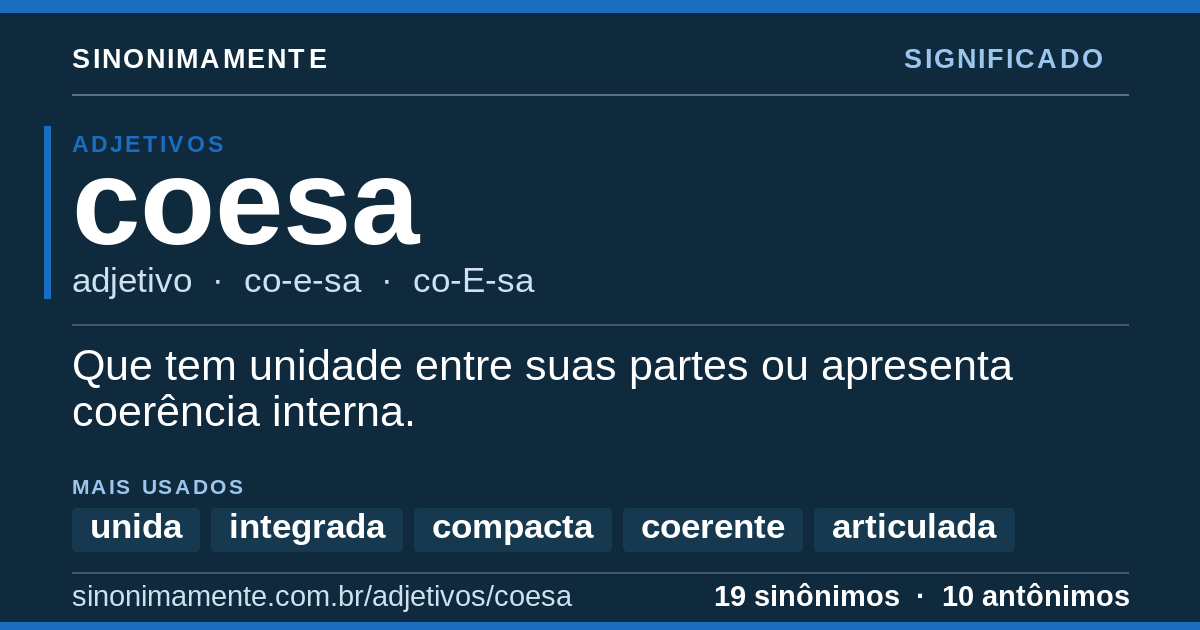 Significado de coesa: cartão do verbete com 19 sinônimos