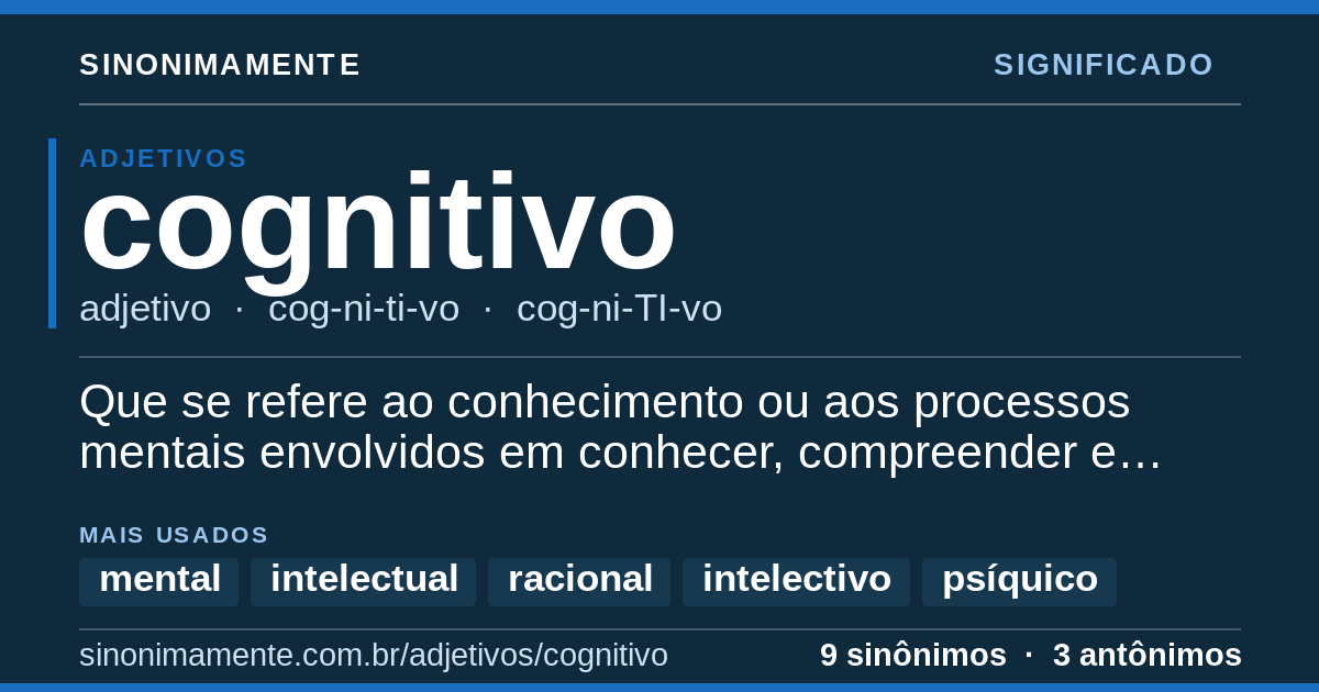Significado de cognitivo: cartão do verbete com 9 sinônimos