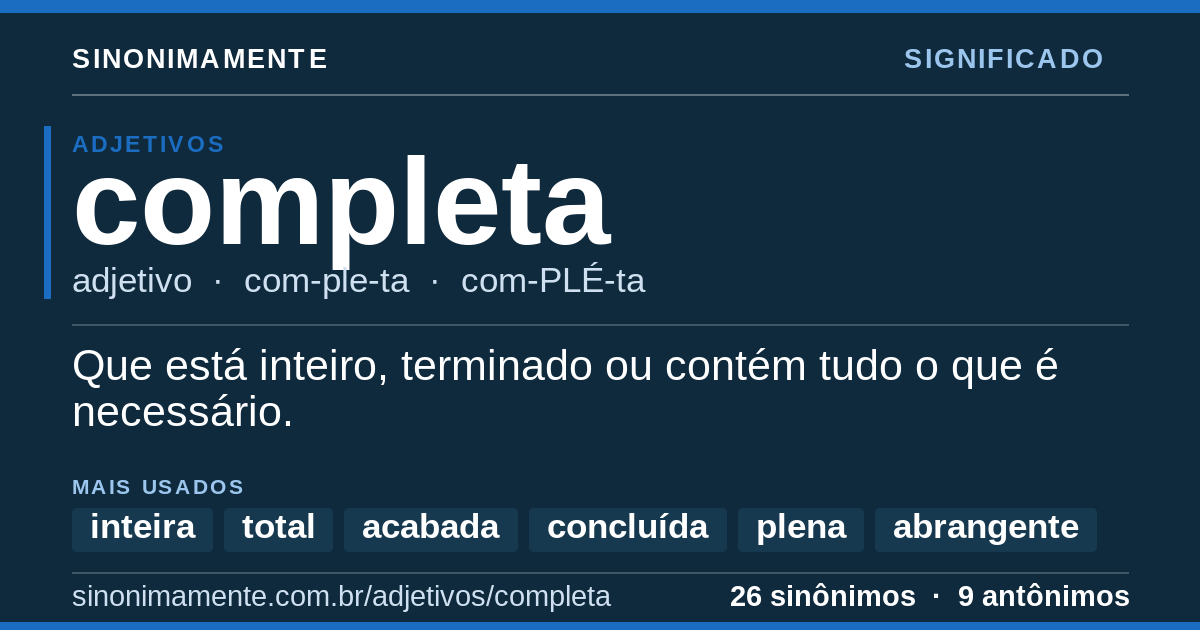 Significado de completa: cartão do verbete com 26 sinônimos