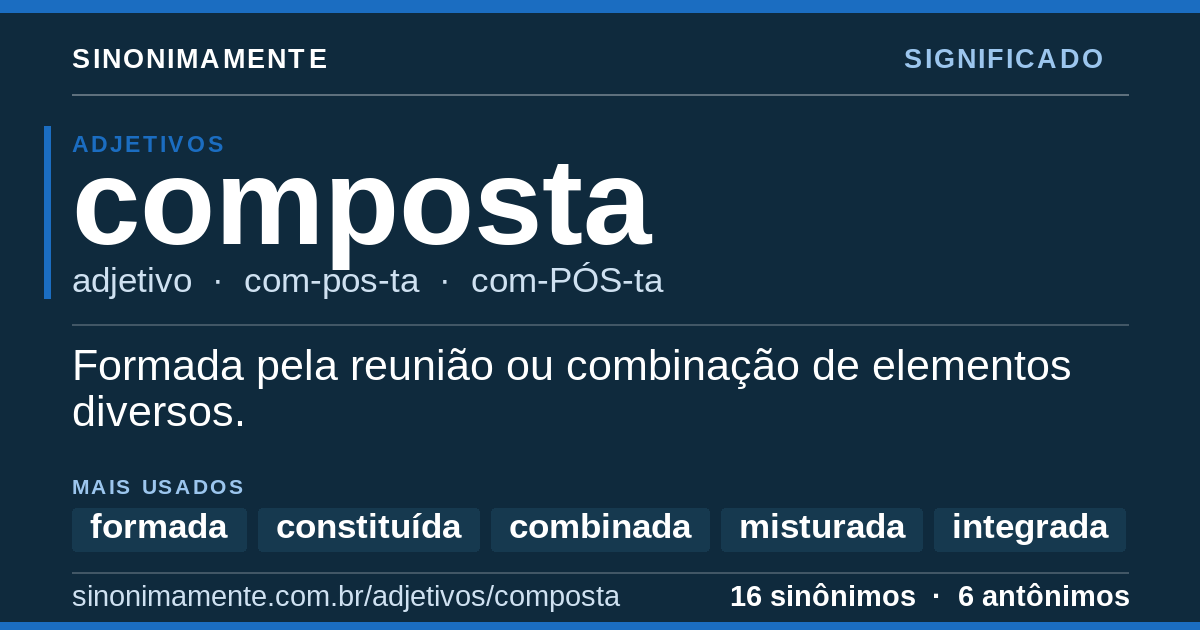 Significado de composta: cartão do verbete com 16 sinônimos