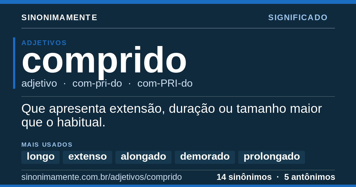 Significado de comprido: cartão do verbete com 14 sinônimos