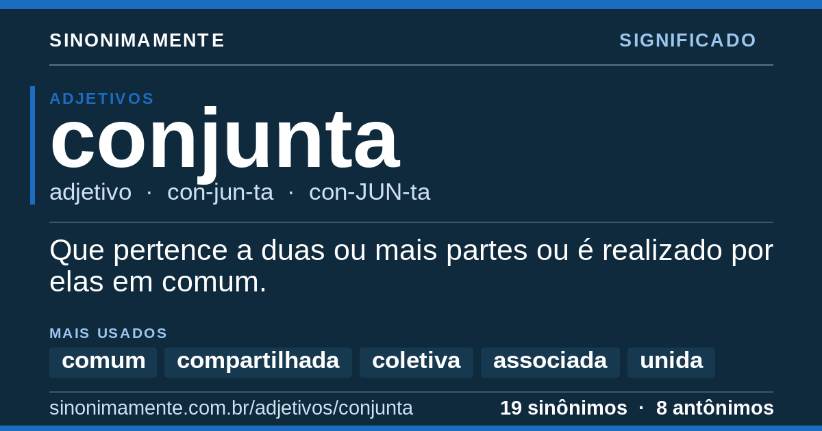 Significado de conjunta: cartão do verbete com 19 sinônimos