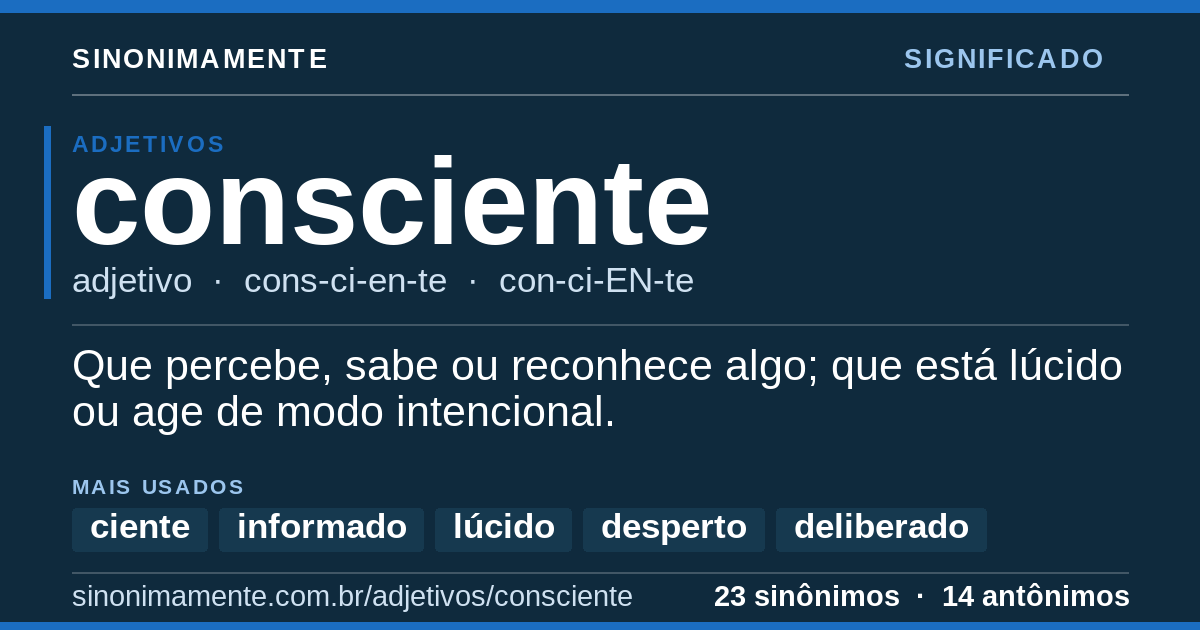 Significado de consciente: cartão do verbete com 23 sinônimos