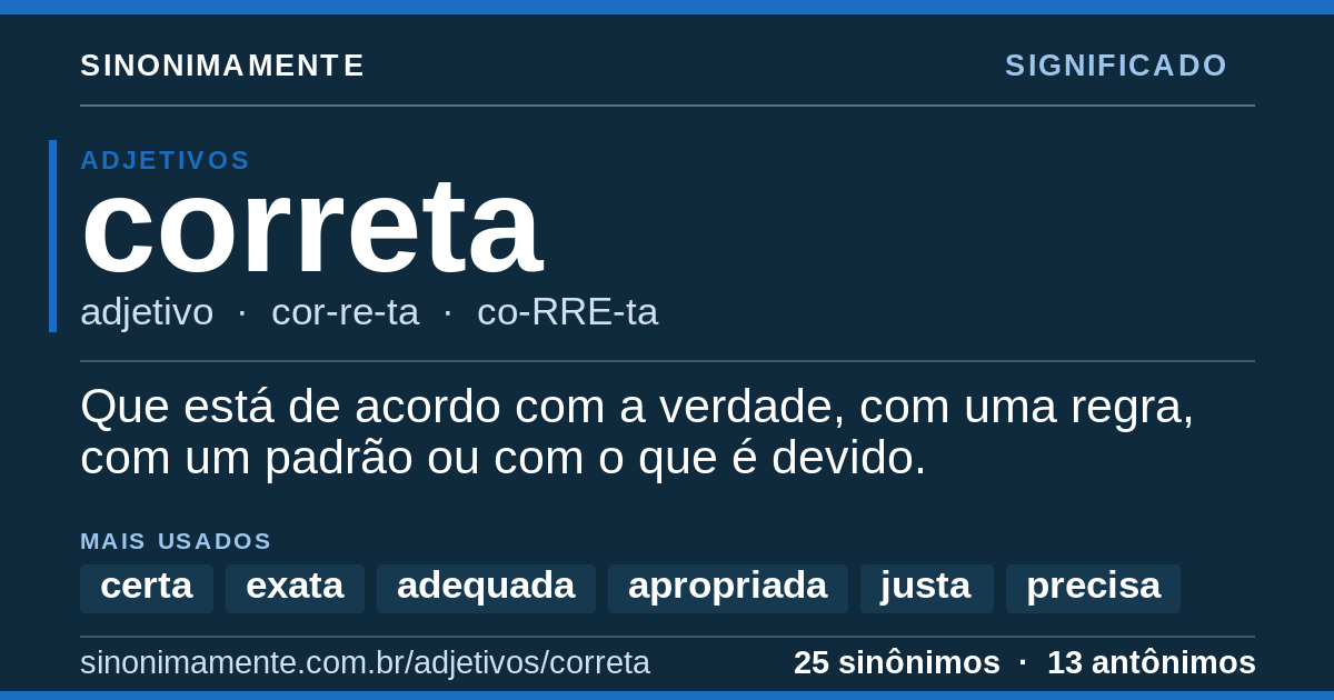 Significado de correta: cartão do verbete com 25 sinônimos