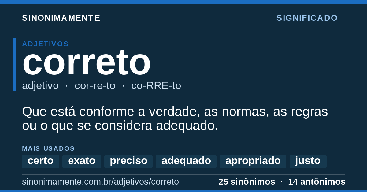 Significado de correto: cartão do verbete com 25 sinônimos