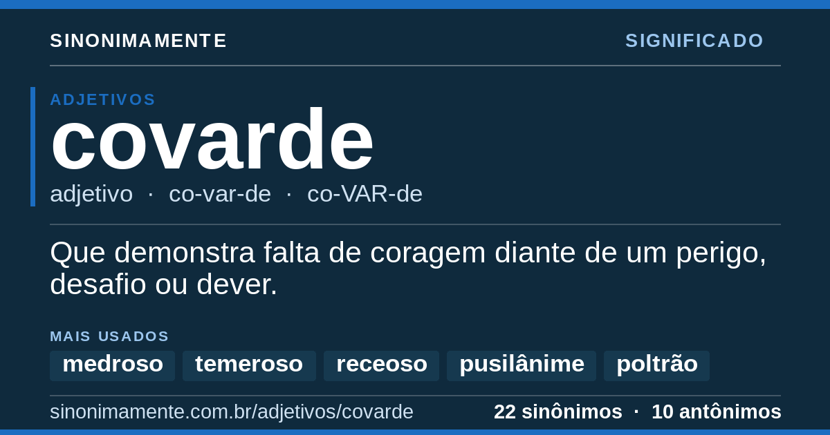 Significado de covarde: cartão do verbete com 22 sinônimos